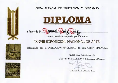 Diploma de la XXVIII Exposición Nacional de Arte de Educación y Descanso. Madrid, 1974