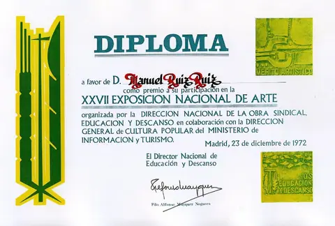 Diploma de la XXVII Exposición Nacional de Arte de Educación y Descanso. Madrid, 1972